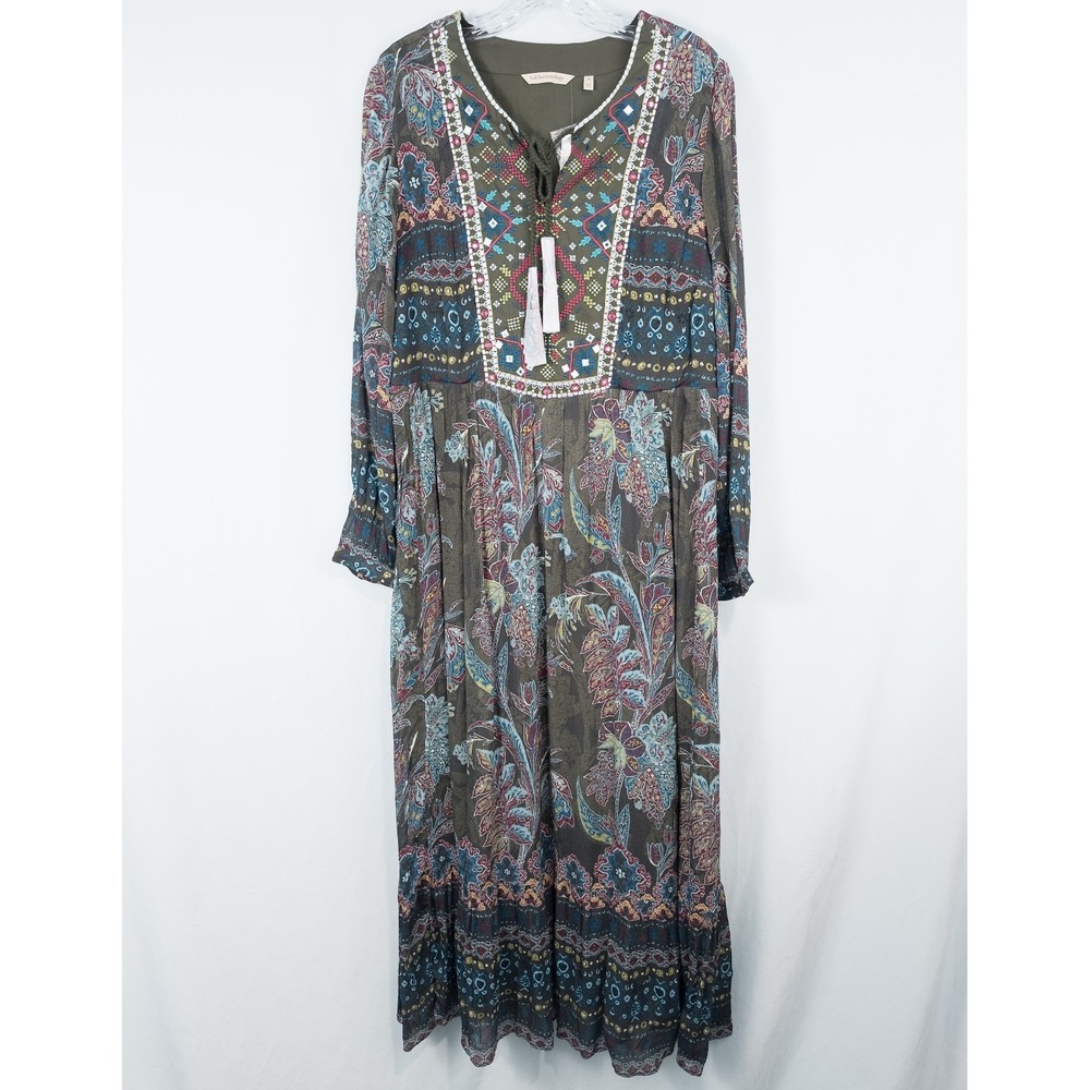 Soft Surroundings Mirapani Dress Medium Olive Orient Scarf Embroidered Boho Maxi